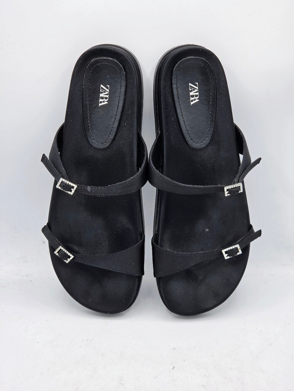 ZARA Black Satin Buckle Slides - Rhinestone Embellished Strappy Sandals Size 10 - Picture 2 of 13
